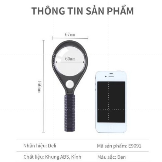 Kính lúp cầm tay phóng đại 3x đường kính 60mm DELI E9091