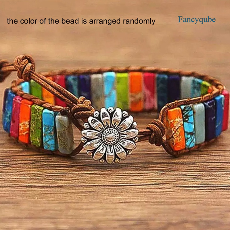 Vòng tay dây da bện phối đá Chakra phong cách Boho thời trang cho nữ