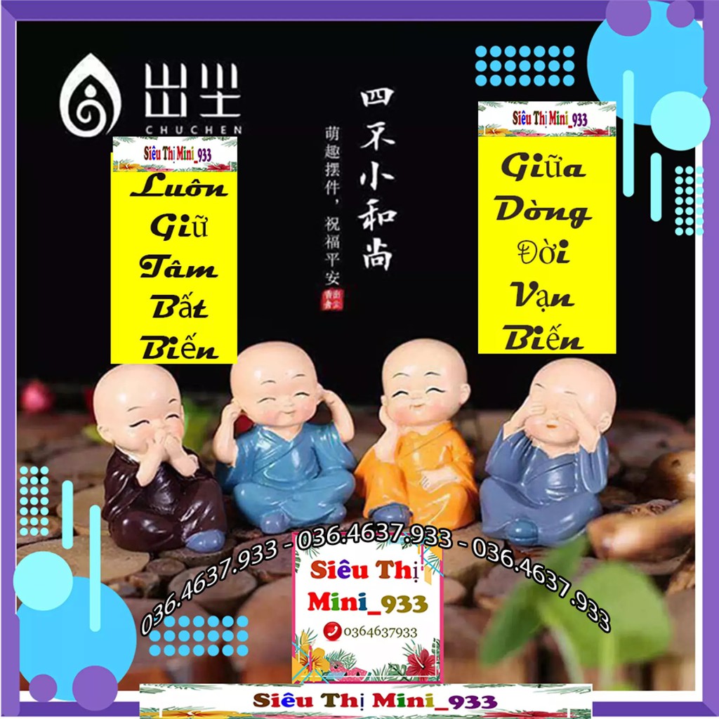 Bộ tượng 4 chú tiểu Tứ Không mini tượng trang trí cute để bàn, làm tiểu cảnh hòn non bộ trưng phòng khách để táp lô