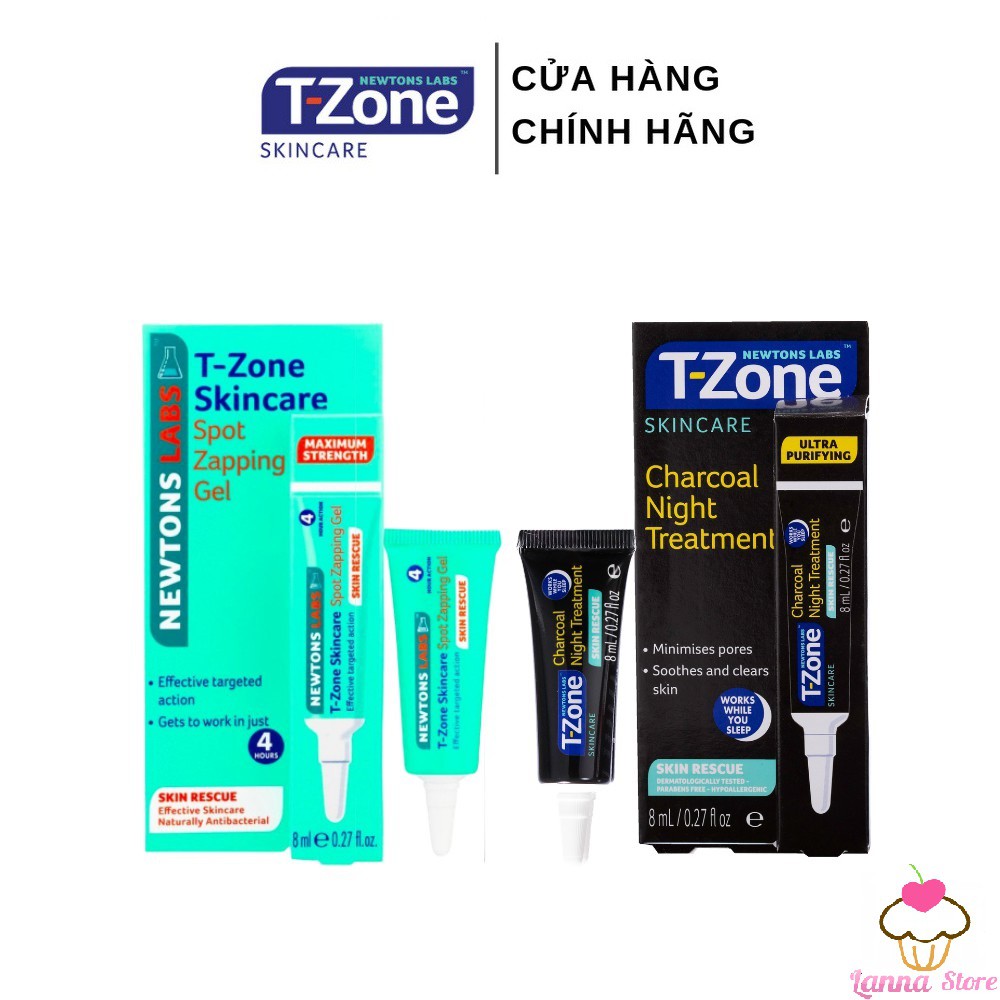 Combo Gel Giảm Mụn T-Zone Zapping Gel 8ml Và Gel GiảmThâm T-Zone Charcoal Night Treatment 8ml - UK