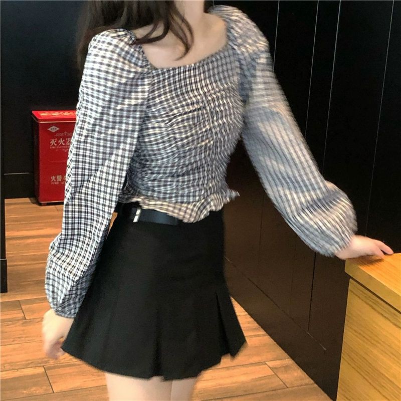 (SẴN) Áo cổ vuông kẻ ô bo người