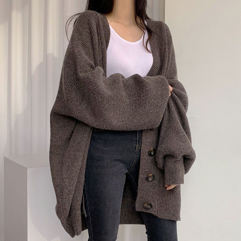 Áo Khoác Len Cardigan Suông Nữ Màu Xám Ghi Be Cổ Chữ V Dáng Rộng Tay Dài Mềm Mại Thời Trang Mùa Đông Hàn Quốc