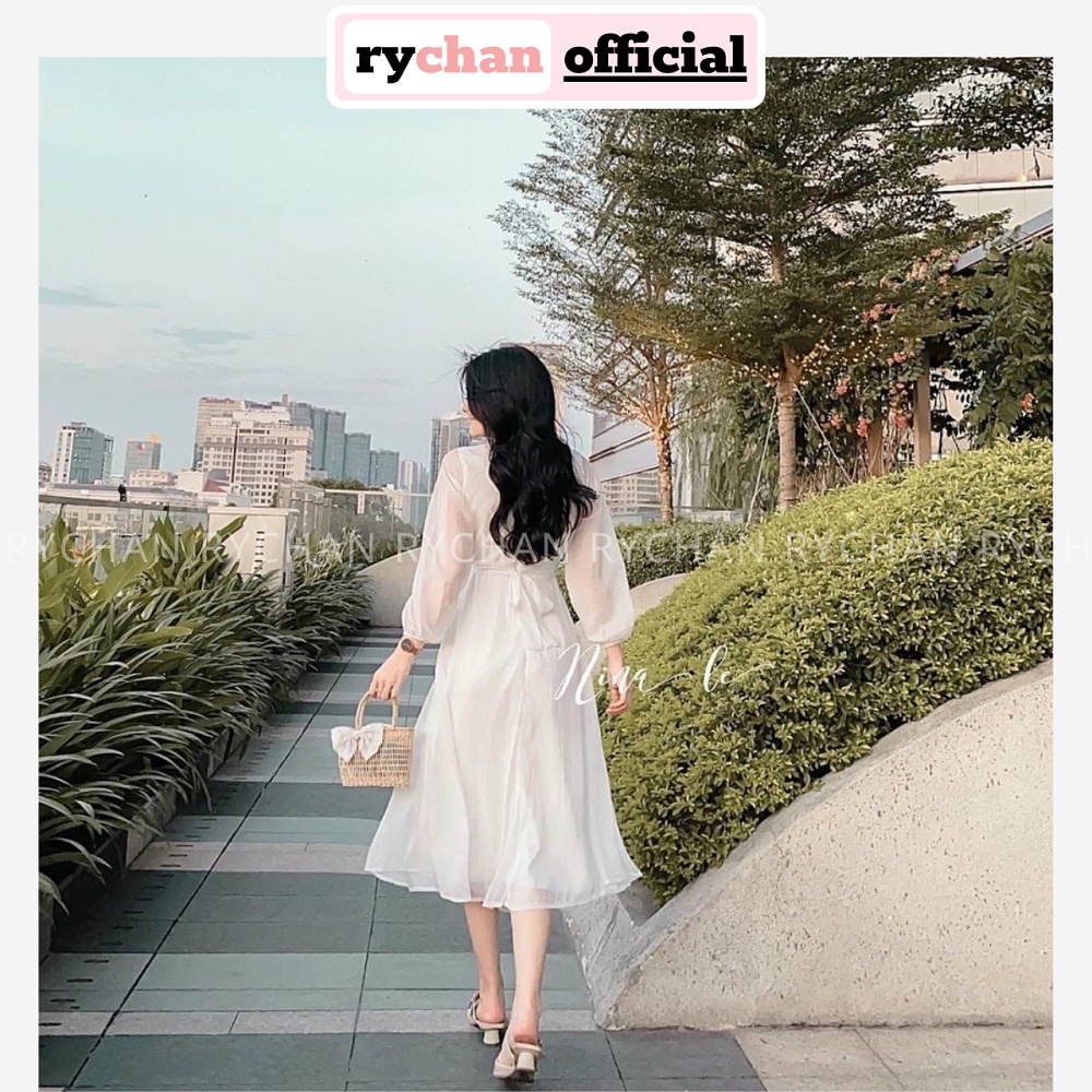 Đầm Xòe Midi Trắng Đắp Tà Cột Eo Dài Tay Lót Trong Dày Dặn [Ảnh Thật Cuối] - DX0041