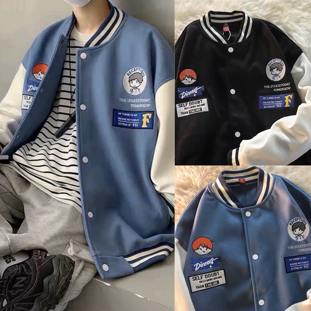 Áo Khoác Bomber Nỉ Form Rộng Unisex ⚡ 𝐅𝐫𝐞𝐞𝐬𝐡𝐢𝐩 ⚡ Áo Bomber bóng chày thêu hình cậu bé phối tay trắng 2 màu đen trắng