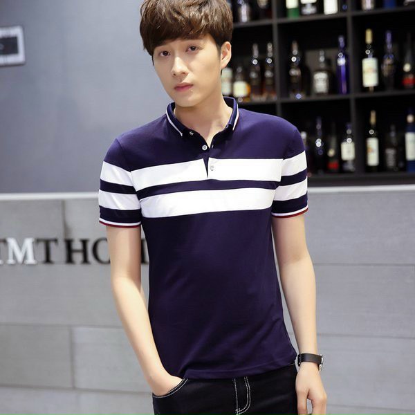 áo thun nam cổ trụ tay ngắn họa tiết thêu sọc ngang đẹp,chất cotton mềm mại dễ chịu