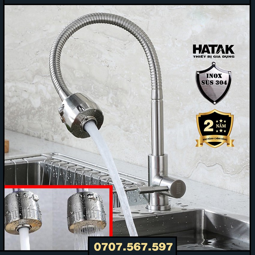 Vòi rửa chén lạnh inox 304, vòi rửa chén cần dẻo đầu rửa 2 chế độ, vòi gắn chậu rửa chén bát inox HATAK HA-4003