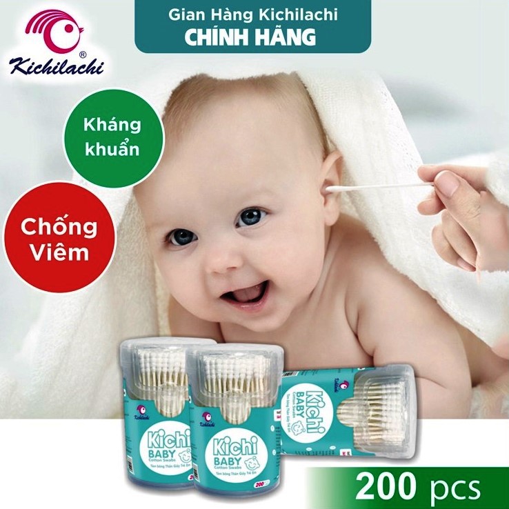 Hộp 200 cây tăm bông vệ sinh cho bé và gia đình KICHILACHI Kichi