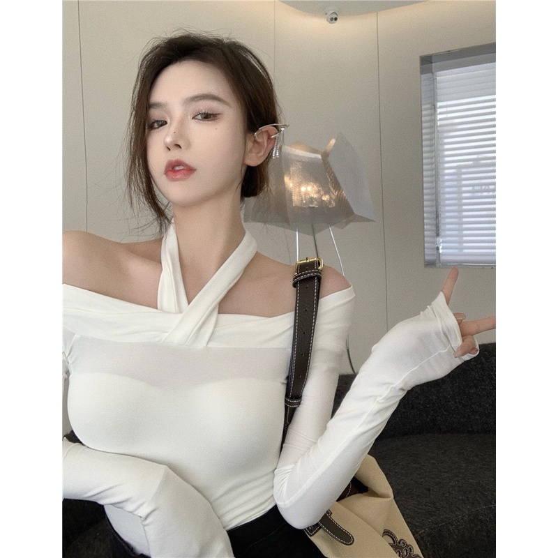 Áo thun tay dài kiểu nữ bệt vai dây yếm chéo chất cotton lụa mềm - 25 STORE