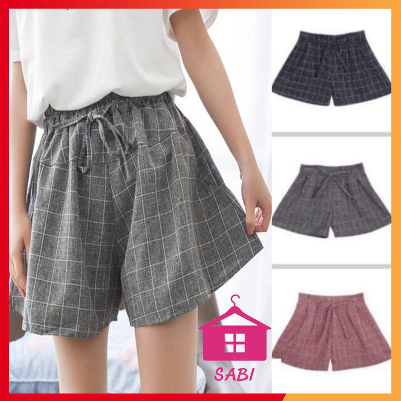 [Mã WARN10 giảm 10k đơn 99k] Quần đùi nữ ống rộng kẻ nơ FREE SIZE DƯỚI 60KG - Quần sooc nữ SABI SHOP