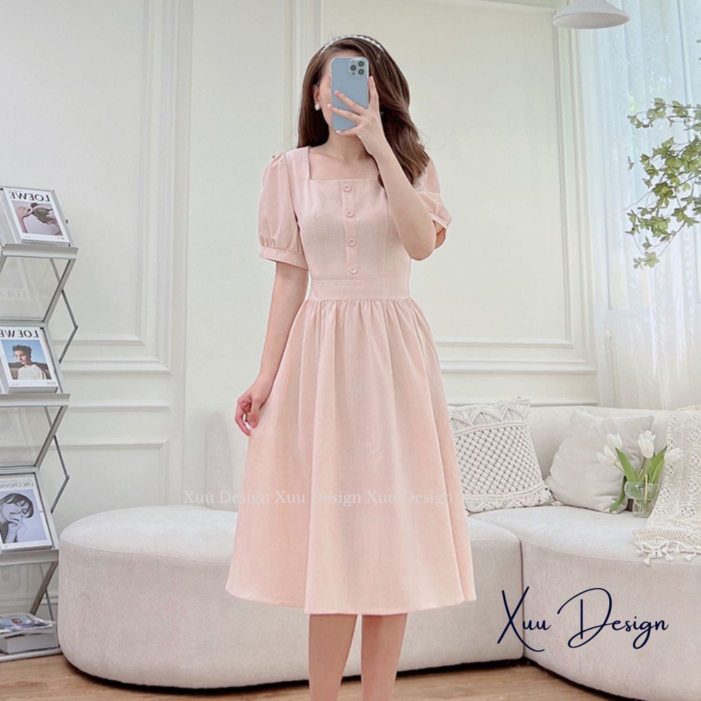 Váy nữ thiết kế XUU kiểu cổ vuông dáng xòe kiểu dáng nhẹ nhàng thanh lịch - V09