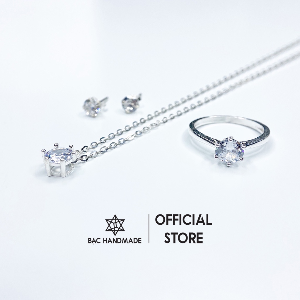 Set combo dây chuyền-nhẫn-bông tai đá trắng bạc nguyên chất-Bạc Handmade