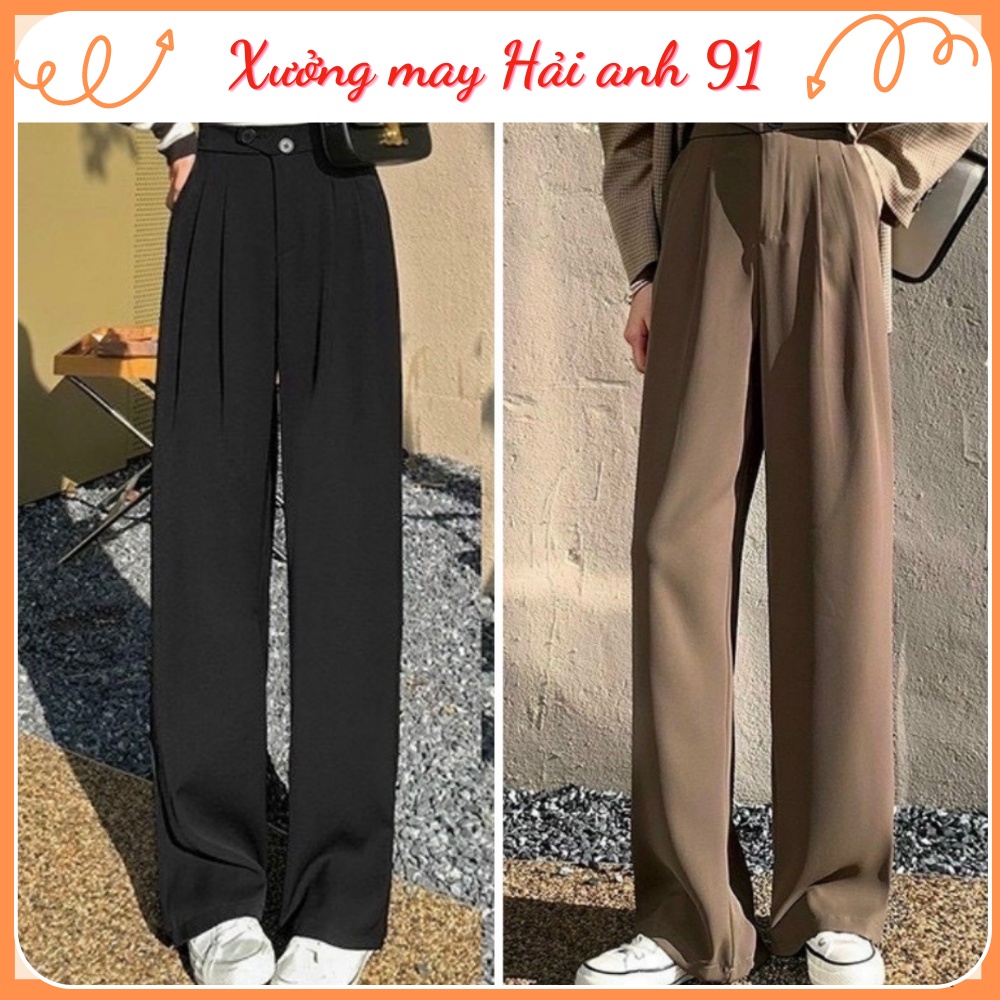 Quần Dài Nữ Ống Rộng Lưng Cao Khuy Chéo Chất Vải Tuyết Mưa Kiểu Dáng Công Sở Hàn Quốc