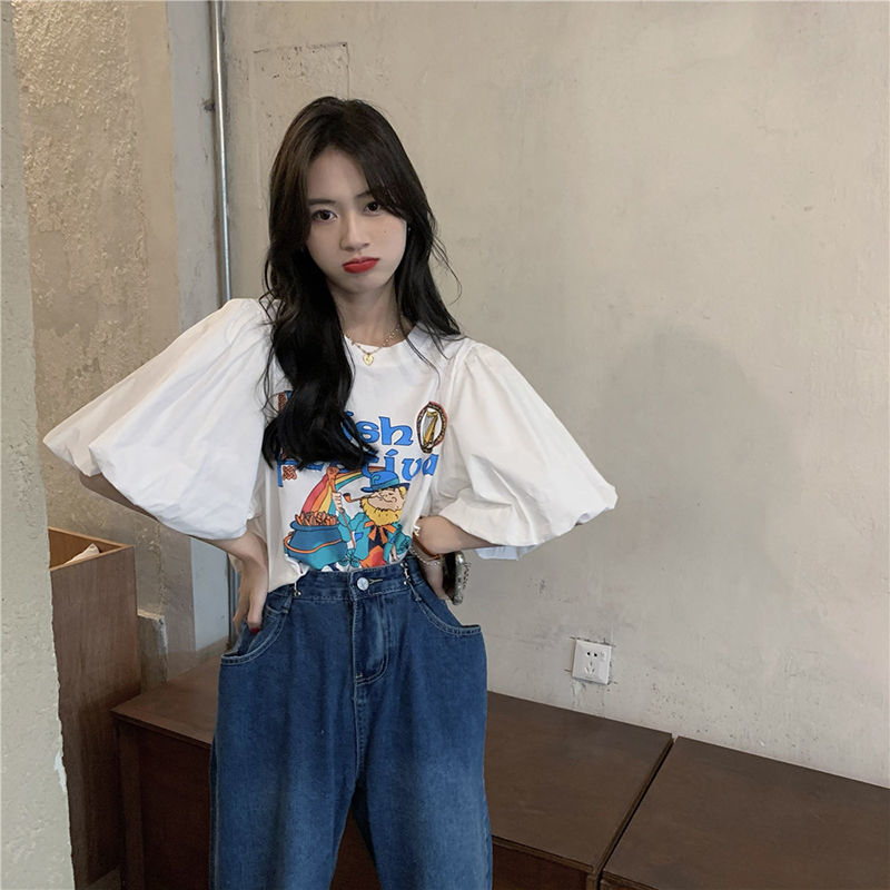 Áo thun tay phồng ngắn dáng rộng in hoạt hình kiểu Hàn Quốc thời trang mùa hè