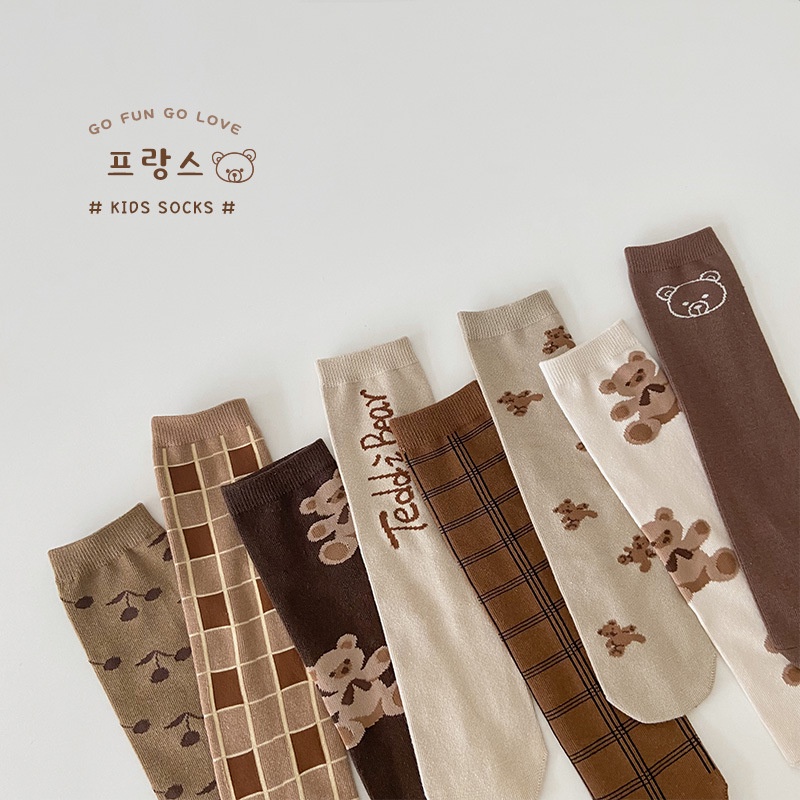 Set 4 đôi vớ KOKOROCARE MSW-28 cotton dài đến đầu gối in hình gấu mocha thời trang mùa thu 2022 dành cho bé 3-8 tuổi