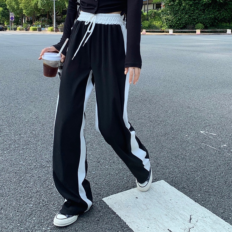 Quần dài ống rộng lưng cao phong cách thể thao hợp thời trang cho nữ