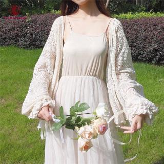 Áo khoác cardigan tay dài phối ren hoa màu trơn phong cách Hàn Quốc