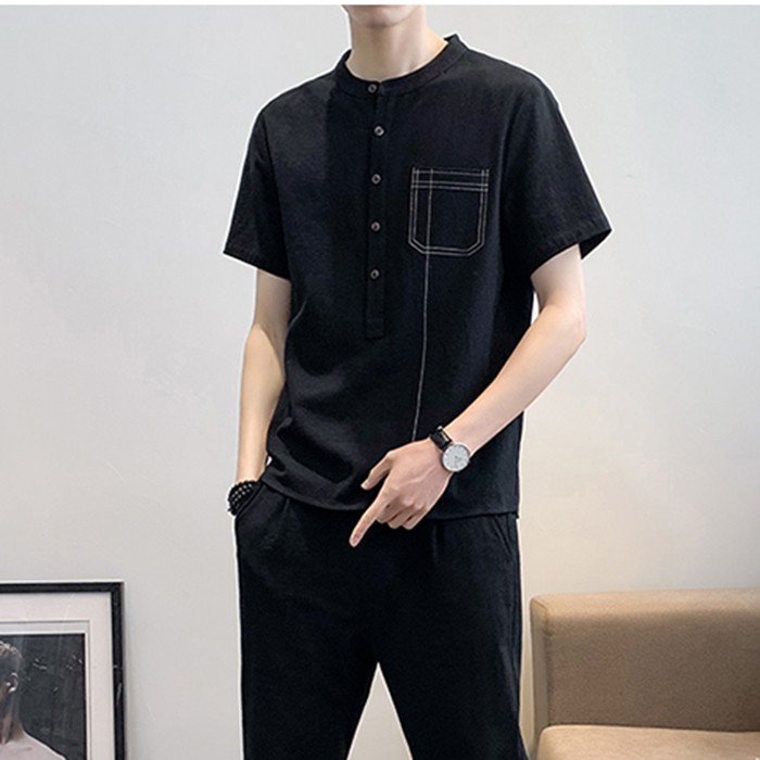 Áo sơ mi đũi nam cổ trụ chui đầu phối túi ngực chạy chỉ bò, thời trang trẻ, phong cách lịch lãm