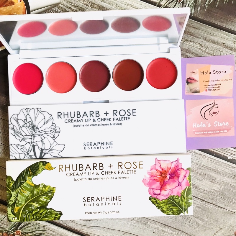 Bảng 5 màu son kiêm má hồng Seraphine Botanicals Rhubarb + Rose - Creamy Lip &amp; Cheek Palette