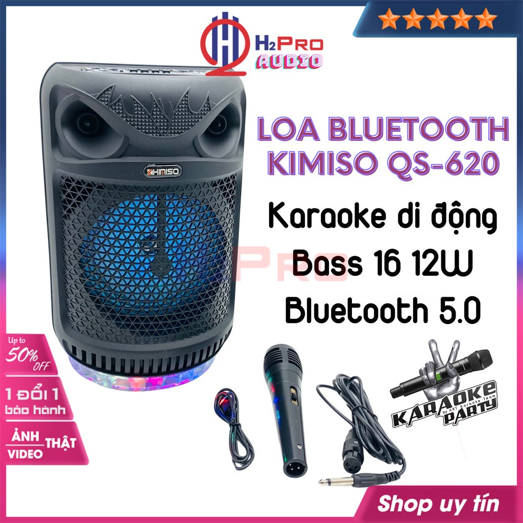 Loa Bluetooth Karaoke Mini, loa hát karaoke KIMISO QS-620 bass 16 cao cấp-Đèn led 7 màu, Tặng kèm 1 Micro có dây - H2pro