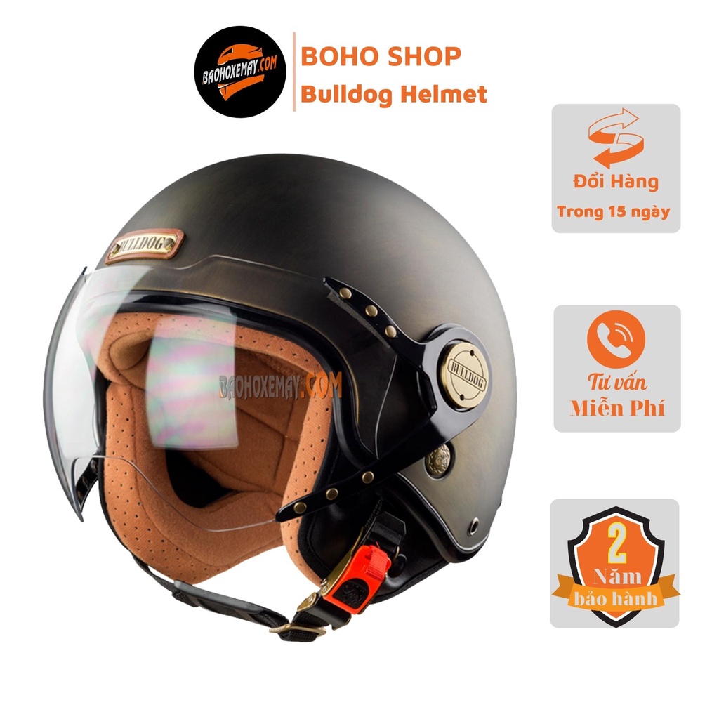 Mũ bảo hiểm 3/4 Bulldog POM trùm đầu kèm kính màu xước đồng - BoHo Shop