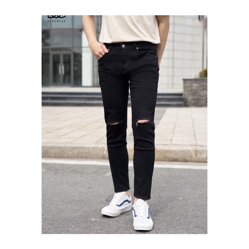 Quần Jean Dài Nam Rách Gối Màu Đen Chất Bò Cao Cấp Co Dãn 4 Chiều Cực Đẹp , From Dáng Skinny mẫu 99861 Siêu Đẹp