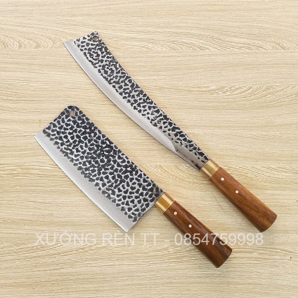 Bộ 4 Dao Nhà Bếp Thép Nhíp Dập Vân Kháng Rỉ, Chặt Cây, Xương, Thái Lọc Thịt - Cán Gỗ Cẩm