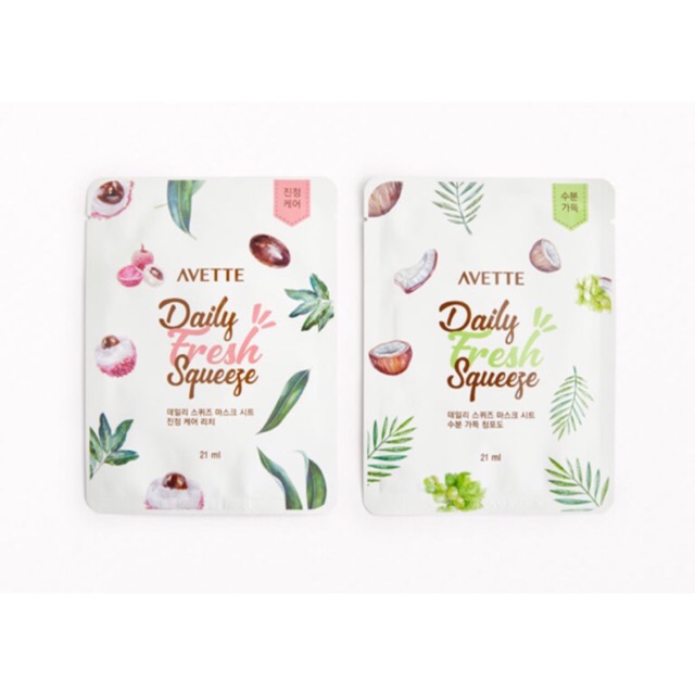 Set mặt nạ giấy dùng hàng ngày Trái vải & Nho Xanh Avette . Avette Daily Squeeze Sheet mask duo Lychee &Green Grape