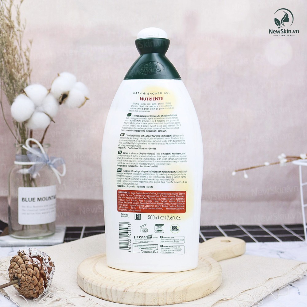 Sữa tắm phục hồi da L'Angelica Olio di Macadamia Nutriente Bath &amp; Shower Gel - Dầu Mắc ca - 500ml