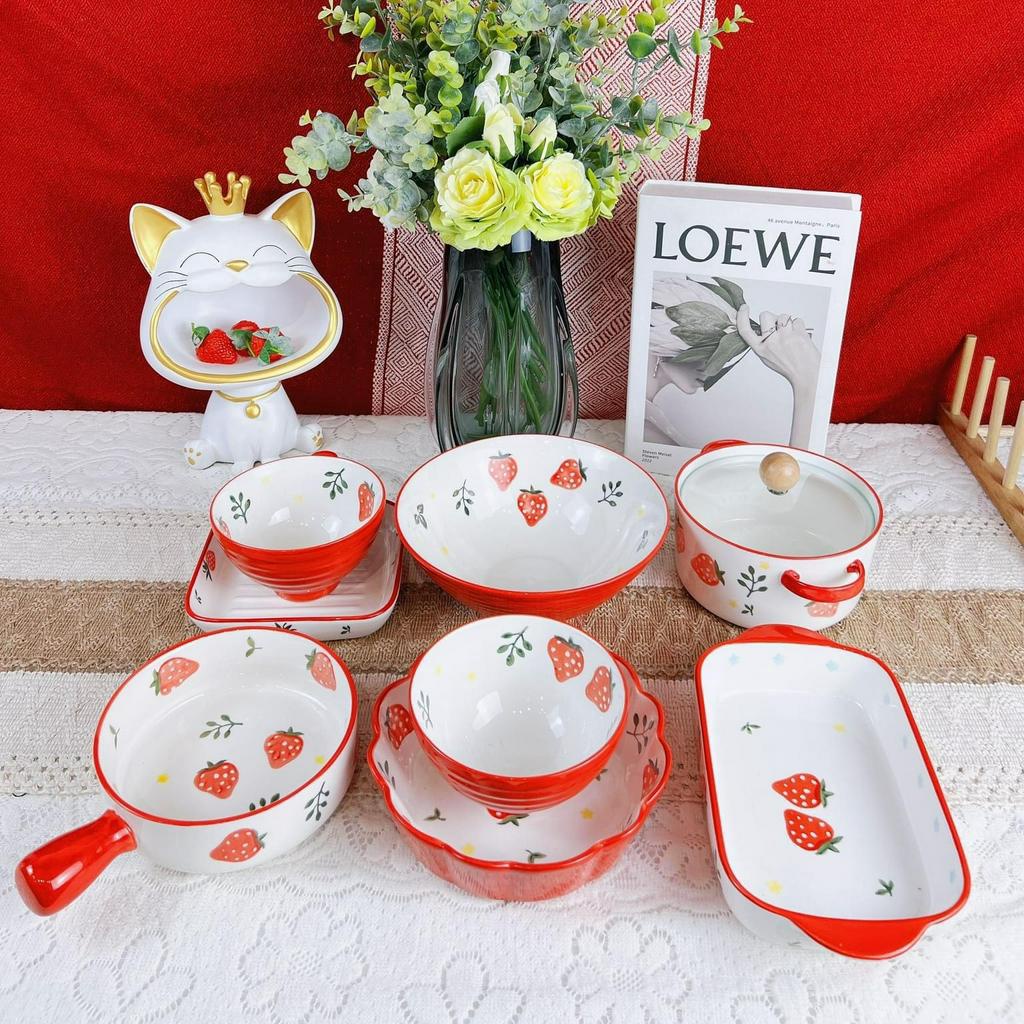 Bát đĩa sứ, bộ bát đĩa ăn cơm họa tiết dâu tây 12 món phong cách xinh xắn ☘ 𝑭𝑹𝑬𝑬 𝑺𝑯𝑰𝑷 ☘