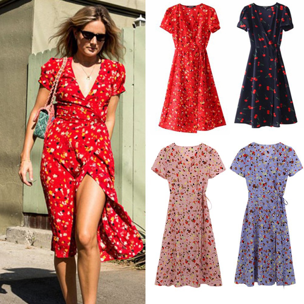 [Baywellfashion]Đầm nữ tay ngắn cổ chữ V in hoa phong cách Boho gợi cảm