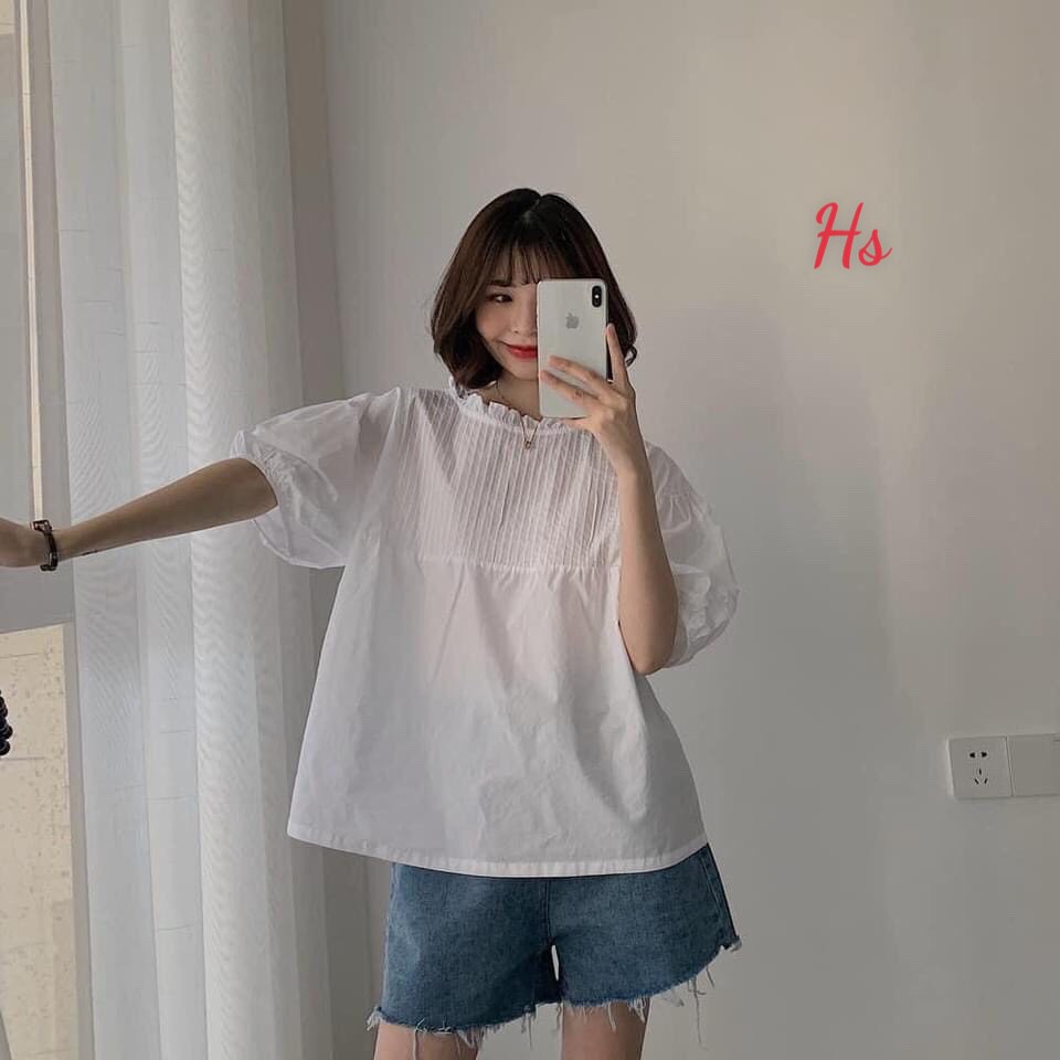 Áo thô trắng tay phồng xếp li ngực,chất dày dặn - Shop Q&amp;V