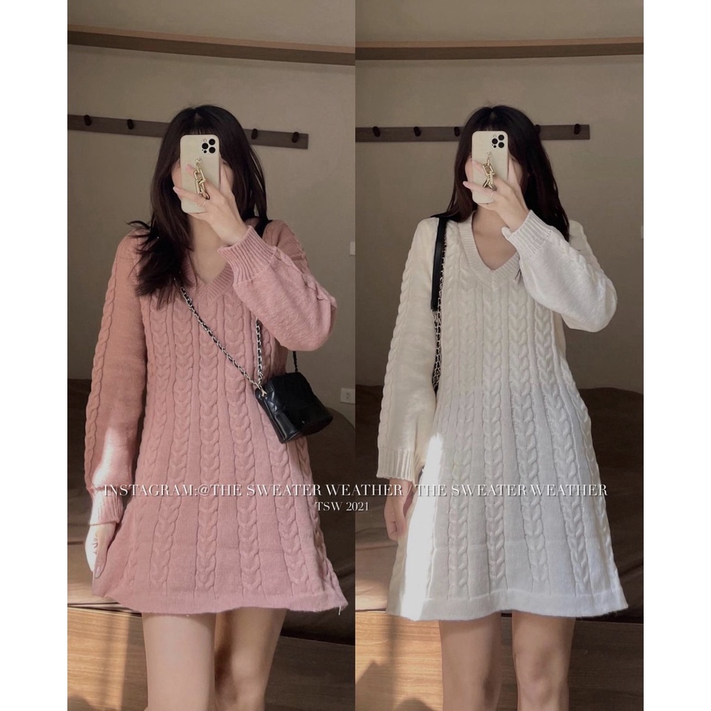 Váy len vặn thừng cổ V, Váy len nữ dầy dặn mùa đông Ullzang hàng Quảng Châu - Dorita Boutique | BigBuy360 - bigbuy360.vn