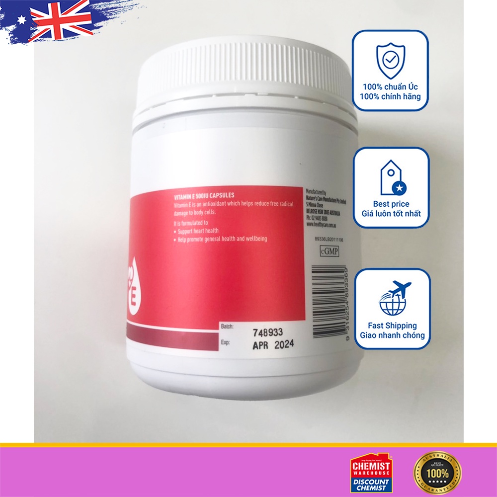 Viên uống bổ sung Vitamin E Healthy Care 500IU 200 viên của Úc
