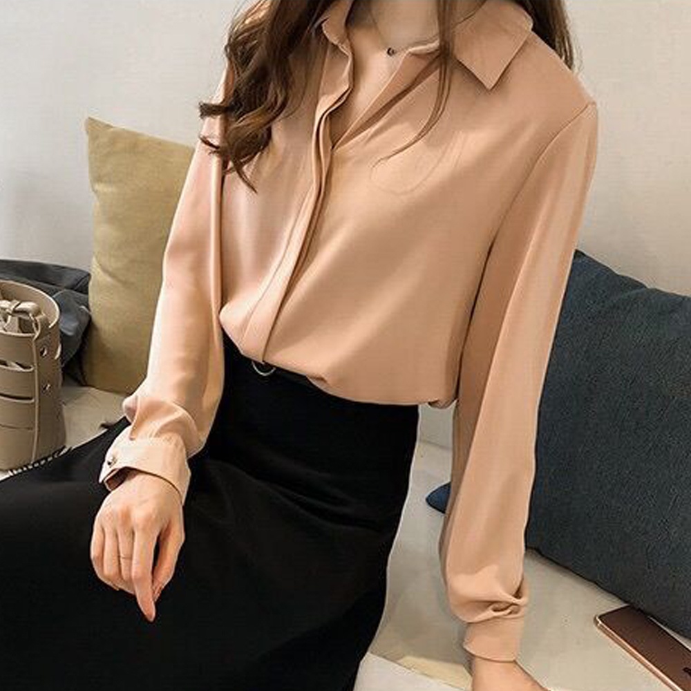 Áo Sơ Mi Công Sở Nữ Tay Dài Cổ Chữ V Chất Liệu Satin Kemeja Perempuan