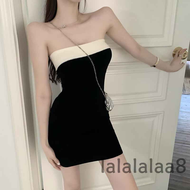 LAA8-Women´s Fashion Strapless Contrast Color Slim Fit Knitted Tube Dress
