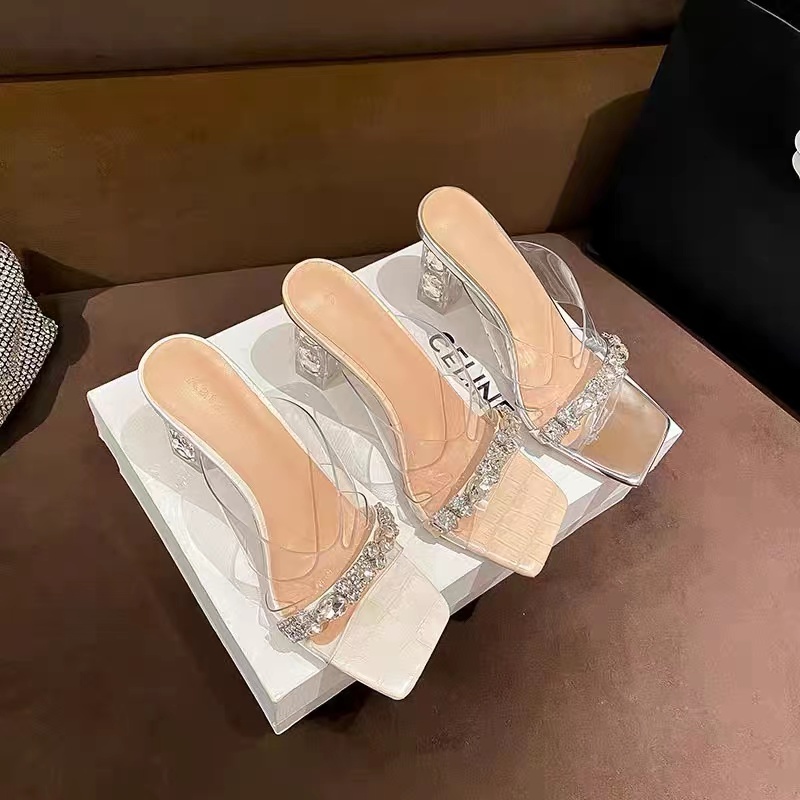 Xăng Đan Cao Gót Trong Suốt Đính Đá Kiểu Pháp Sành Điệu