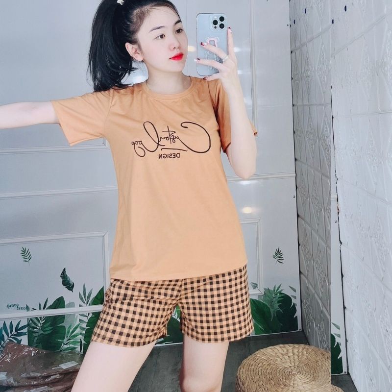 Đồ bộ nữ đồ mặc nhà Bigsize thun cotton chữ thêu quần đùi carô co giãn Sét đồ bộ nữ dễ thương trung niên ESHOP DB19