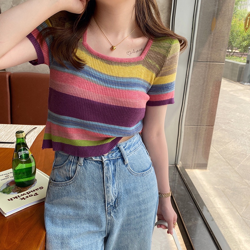 Áo Thun Dệt Kim Ngắn Tay Cổ Vuông Họa Tiết Kẻ Sọc Thời Trang Mùa Hè Mới Cho Nữ