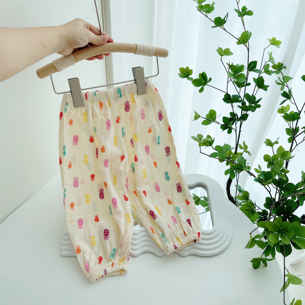 Bộ dài tay quả dứa Dewkids cổ đính viền ren vải xô mulin cao cấp cho bé gái DKT004