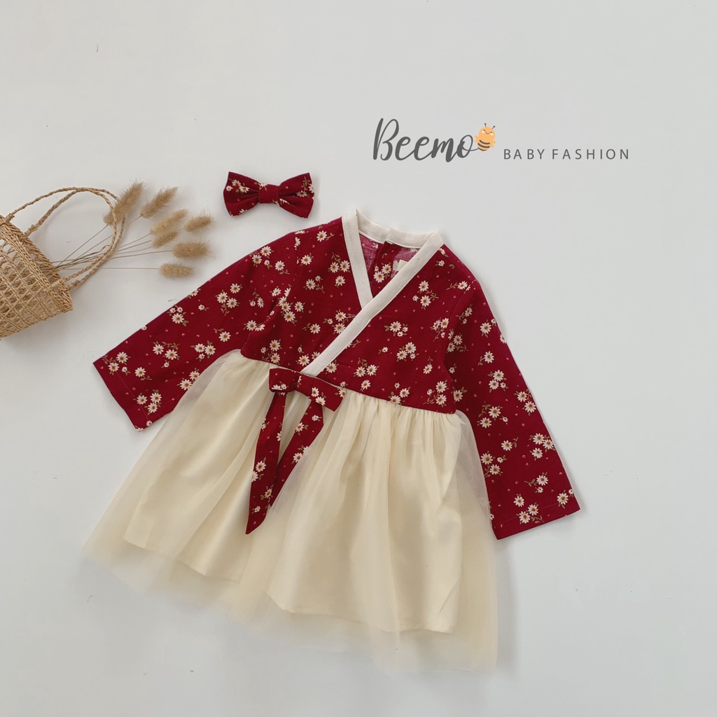 Váy Hanbok cho bé gái Beemo, Chất liệu nhung mềm mại kết hợp cùng voan lưới bồng bềnh, phụ kiện nơ siêu xinh B106