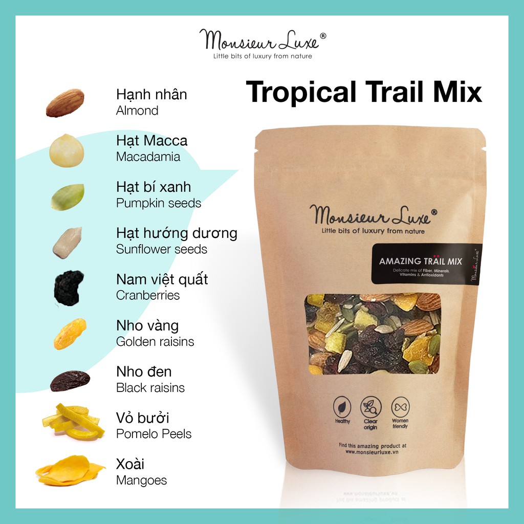 Hỗn hợp Hạt trái Nhiệt đới Luxe (Tropical TrailMix) 250g/500g - Ăn vặt Healthy với Hạt Sấy Lạnh & Trái cây khô Nhập Khẩu