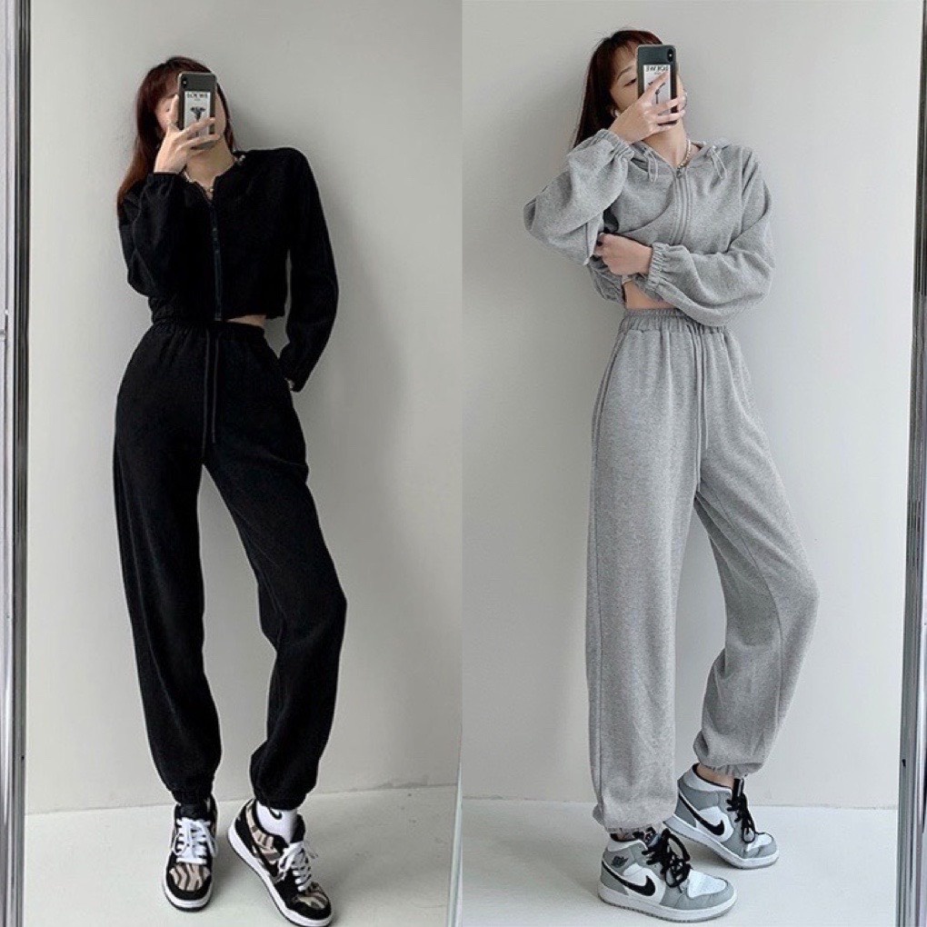 Set bộ nỉ thu đông kéo khóa 3 món UNISEX,sét Áo hoodie zip quần jogger form rộng màu xám đen phong cách ulzzang hàn quốc
