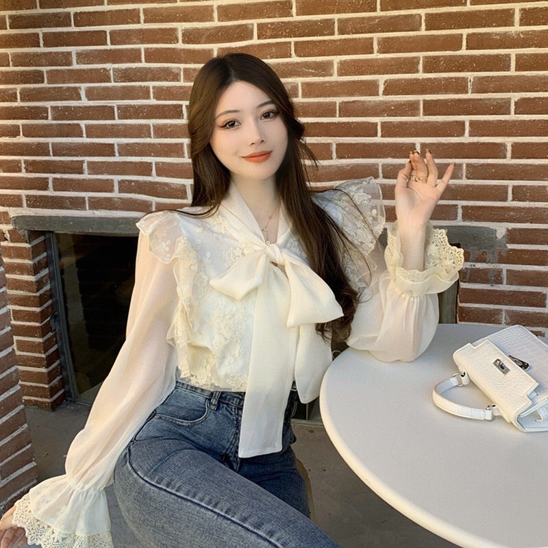 Áo Sơ Mi Nữ Kiểu Vải Ren Cao Cấp Cổ Thắt Nơ Dài Tay Phong Cách Nhẹ Nhàng Sang Trọng Tiểu Thư Hàng Quảng Châu Loại 1