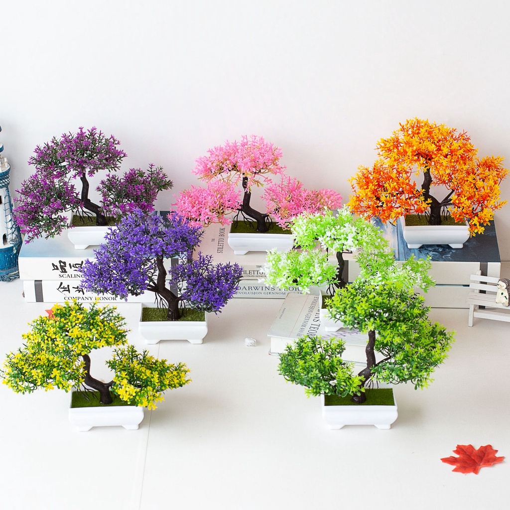 CÂY GIẢ BONSAI HOA RỰC RỠ kèm chậu - Chậu cây Phú Quý Cát Tường trang trí, để bàn - Hoa giả may mắn tài lộc