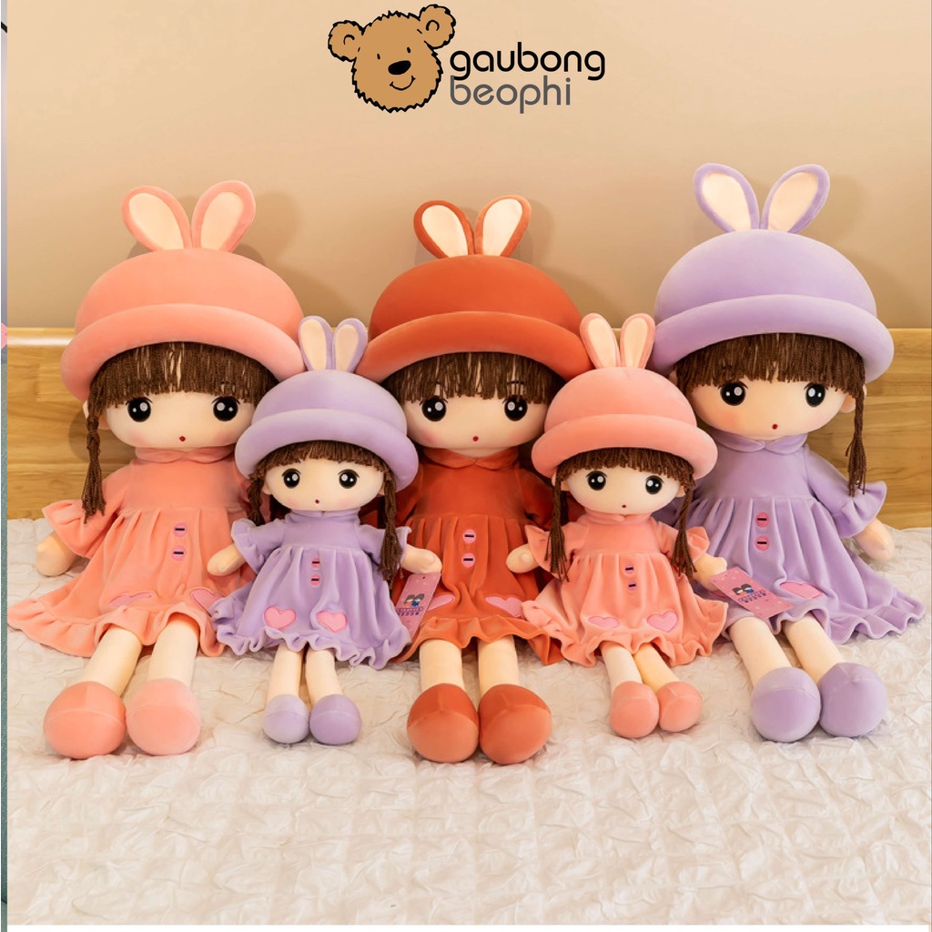 Gấu Bông Búp Bê Nón Tai Thỏ Hàng Cao Cấp, Vải Nhung Siêu Mịn Và Gòn Trắng An Toàn Cho Bé Gấu Bông Béo Phì
