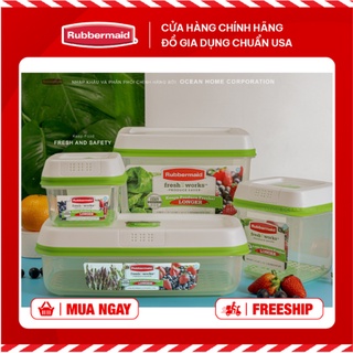 Set 4 Hộp bảo quản rau củ quả RUBBERMAID có nắp màu xanh bằng nhựa nguyên sinh cao cấp  - Chính Hãng từ Mỹ