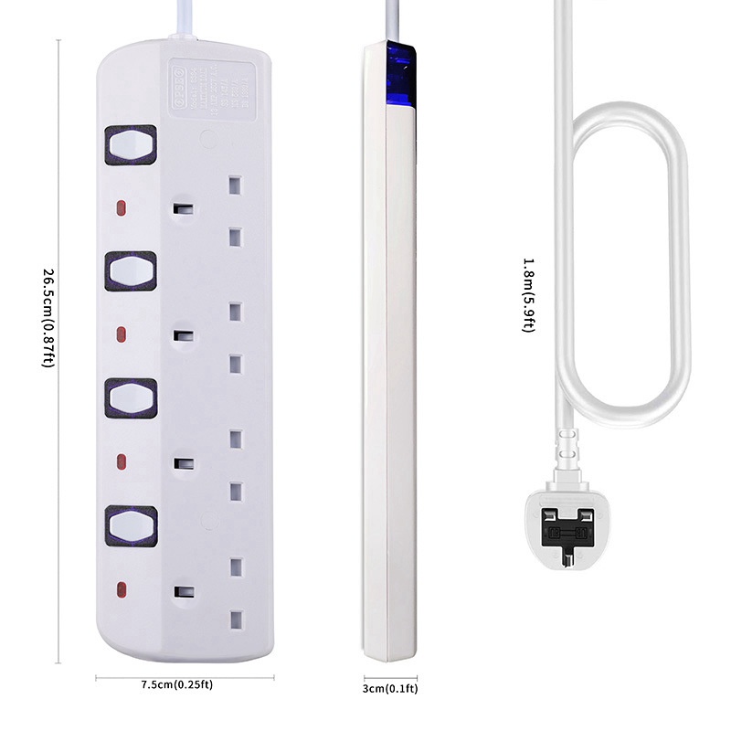 4 Way Extension Lead with Switches 10FT 13A Extension Cable(UK Plug)