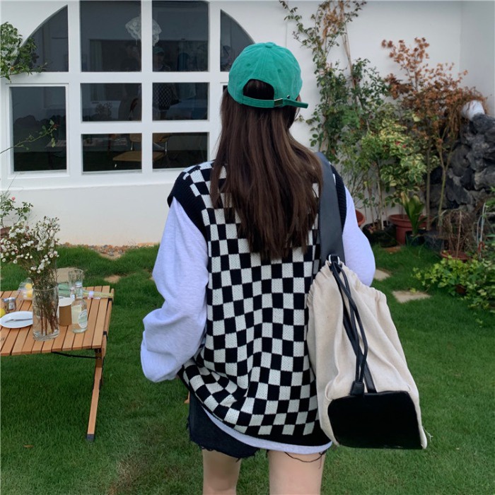 Áo dệt kim không tay cổ chữ V dáng rộng họa tiết sọc caro thời trang dành cho nữ