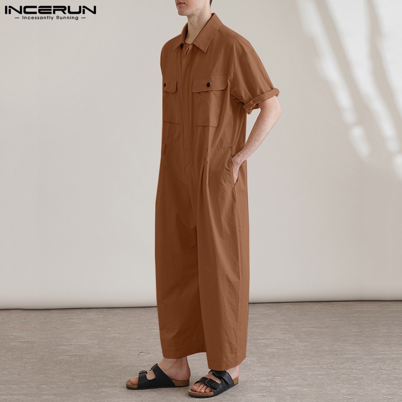 Áo liền quần INCERUN ngắn tay dáng rộng màu trơn thiết kế đơn giản cho nam