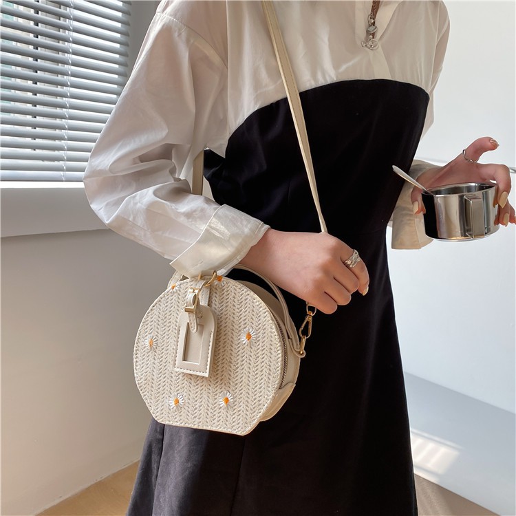 Túi Cói Đeo Chéo Hoa Cúc Dáng Tròn Phối Da Kiểu Mới